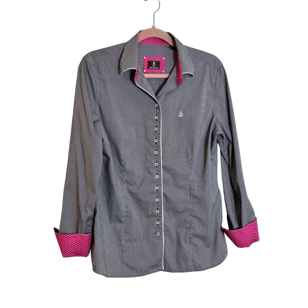 Fior Da Liso Lea Shirt Size 14 Navy Blue Pink Gingham Check Flip Cuff Equestrian